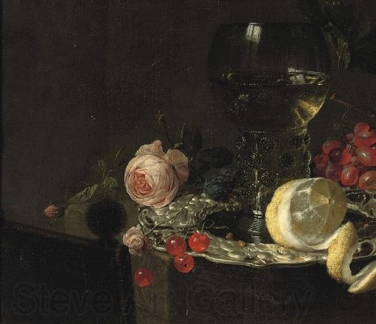 simon luttichuys A 'Roemer' with white wine, a partially peeled lemon, cherries and other fruit on a silver plate with a rose and grapes on a stone ledge Norge oil painting art